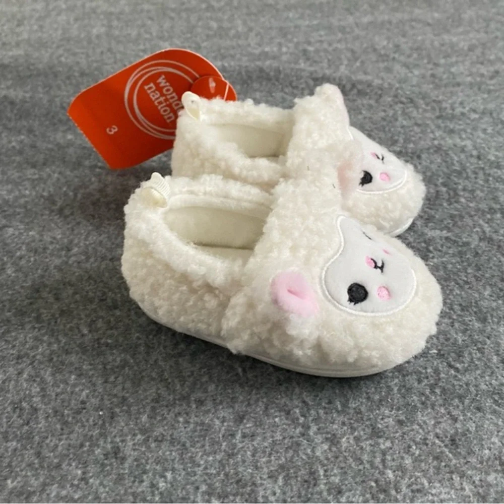 Lamb Slippers Wonder Nation Baby Shoes Size 3 White Pink Easy Slip On/Off‎ New